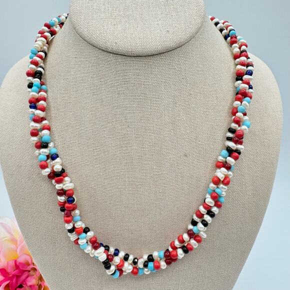 Artisan Pearl Glass Bead Triple Strand Twisted Necklace Box Clasp Red White Blue - Picture 3 of 9